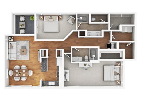 A floor plan of a house with a kitchen, living room, dining room, and bedrooms.